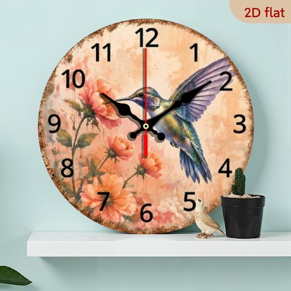 10 Inch modern stylish floral hummingbird wooden wall clock, silent, for living room kitchen home decor, great friend gift, no battery