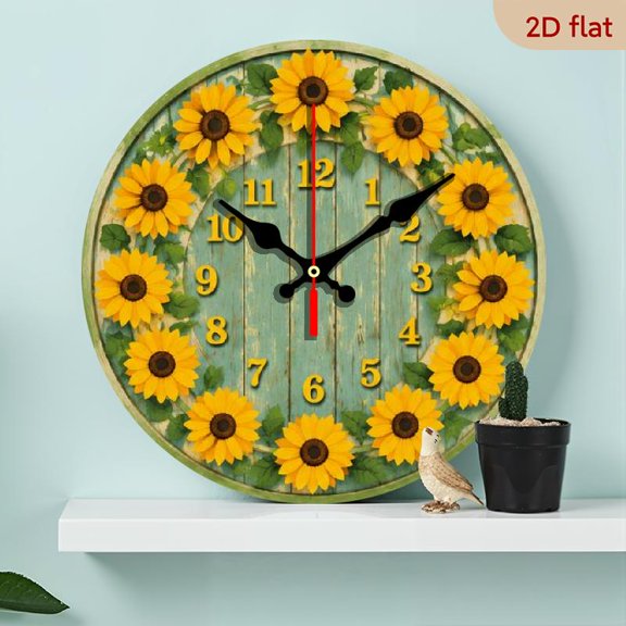 10 Inch1pc Silent Wall Clock - Sunflower Cosmic Galaxy Design, Wood Round Flat Crown Battery Operated (AA Not Included) for Living Room, Bedroom, Garden Decor, Bedroom Accent, Celestial Theme