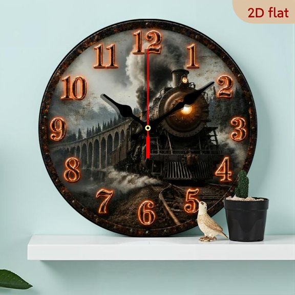10 Inch1pc Vintage Steam Train Wall Clock Antique Locomotive Design with Black Hands Golden Numerals, Industrial Rustic Farmhouse Decor, Durable Artificial Wood Round Clock for Train Enthusia