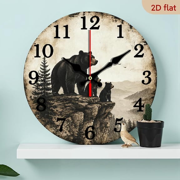 10 InchA 10-Inch Round Wall Clock Featuring a Bear Family Design, Crafted from Pine Wood This Wooden Decorative Clock Includes a Digital Display, Perfect for Home Decor Or As a Holiday Gi