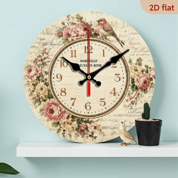 10 InchA French Romantic Wooden Teaching Wall Clock, French Marseille Rose Bouquet Design Wall Clock, Silent Quartz Clock, Room Decoration, Spiritual Home Decoration, Florist Decoration W