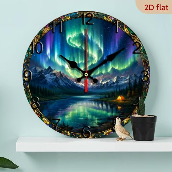 10 InchA Stylish Snow Mountain Aurora Wooden Decoration Wall Clock, Silent Non-Ticking Clock, Living Room Office Decor Spiritual Home Kitchen Wall Hanging, Gift for Friends (Battery Not I