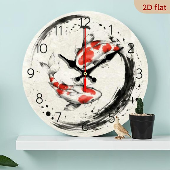 10 InchA Wooden Round Wall Clock with a Beautiful Fish Ink Painting Design, a Silent Non-Ticking Decorative Clock Suitable for Bedrooms, Living Rooms, Offices, And Kitchens, Powered by Ba
