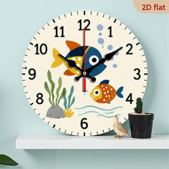 10 InchA Wooden Round Wall Clock with a Playful Small Fish Scene Design, Silent Without Ticking, Suitable for Home Holiday Decoration and Gift-giving