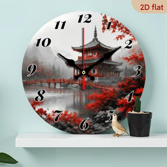 10 InchA Wooden Vintage-Style Wall Clock Featuring a Round Silent Clock Design of Traditional Japanese Architecture, Set Against Autumn Leaves It'S Suitable for Decorating Living Rooms,