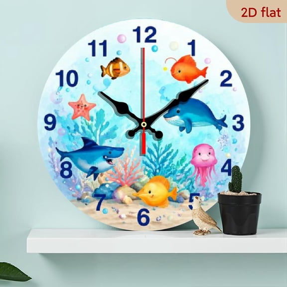 10 InchCartoon Fish Ocean World Creative Fashion Round Wall Clock, Silent Quartz Wooden Clock for Bedroom Living Room Office Kitchen Bathroom Decor, AA Battery Powered (Batteries Not Incl