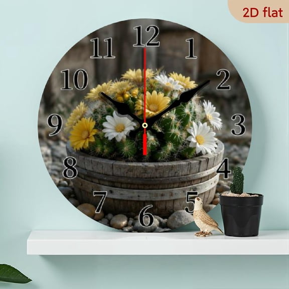 10 InchDesert Cactus Theme Wooden Wall Clock Silent Clock with Yellow and White Flowers, Stone Pattern Design, Ideal for Living Room, Bedroom, Kitchen, Office, Garden Decoration Modern Ho