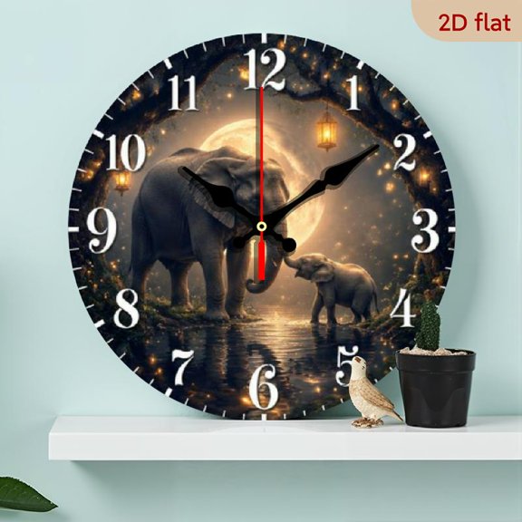 10 InchElephant Family In Forest Wooden Silent Wall Clock 2D Flat Print, Suitable For Living Rooms, Bedrooms, Home Decor, Ideal For Easter, Ramadan, Valentine'S Day Gifts (Aa Batteries No