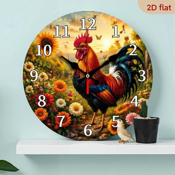 10 InchFarm Themed Wooden Wall Clock with Roosters, Chicks Sunflowers Pattern Design, Battery Powered Silent Clock, Suitable for Living Room, Bedroom, Kitchen, Office Decoration, Modern H