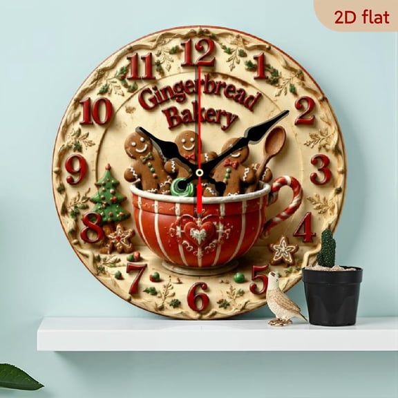 10 InchGingerbread Shop Wall Clock - Silent Quartz Movement with Gingerbread for Man Christmas Tree, Wood Round Clock Suitable, Living Room, Cafe - Mechanism, Holiday Decor, Year-Round Di