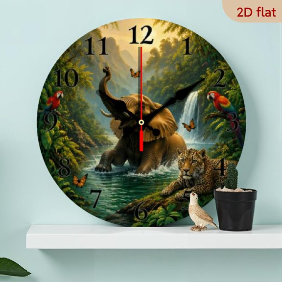 10 InchJungle Animal Wall Clock with Waterfall Backdrop Wooden Silent Wall Clock, 2D Flat Printing, Suitable for Living Rooms, Bedrooms, Home Decor, Easter, Ramadan, Valentine'S Day Gifts