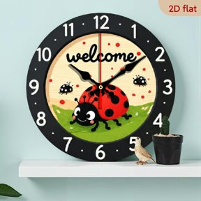 10 InchLadybug Quiet Sweep Wall Clock with Wood Round Face, Black Numerals Ladybug Hands - Quartz Movement, Battery- (No AA) - Room, Shop Decor Suitable for Home, Office, or Room