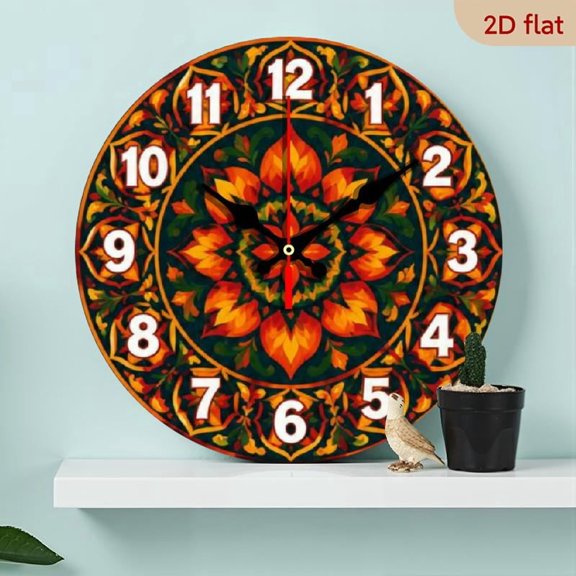 10 InchMandala Wall Clock - Silent Non-Ticking Wood Round Clock with -to- Numbers, Zen Decor Suitable for Living Room, Bedroom, Office - Modern Mandala, 2D Flat