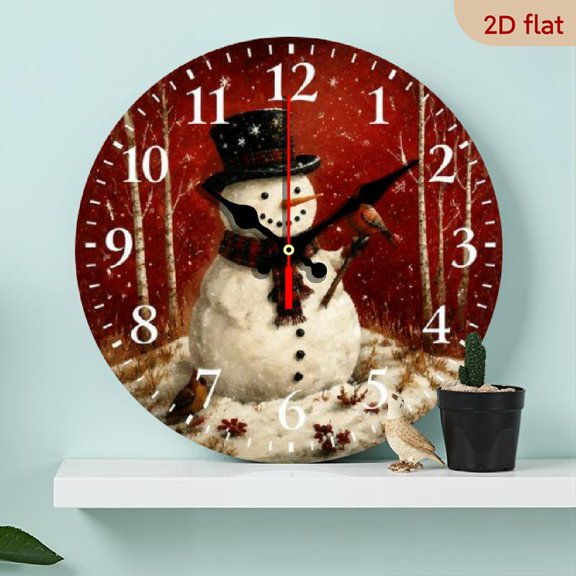 10 InchNon-Ticking Christmas Snowman Circular Wooden Wall Clock - Featuring a Snowman with a Red And Black Checkered Design, Complete with a Top Hat And a Bird, White Face with Black Hand