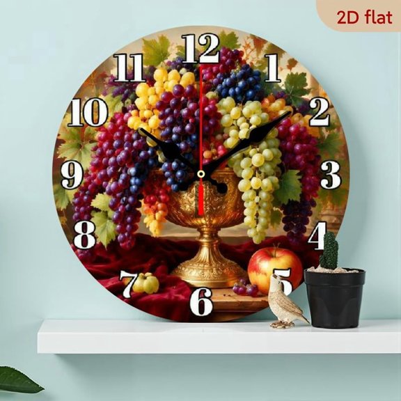 10 InchRetro Grape Fruit Plate Pattern Design Wooden Wall Clock, Classical Style Silent Clock, Suitable for Living Room, Bedroom, Kitchen, Office, Modern Home Art Decoration, Wall Decorat