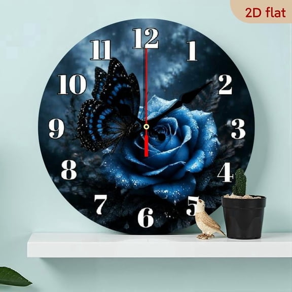 10 InchRomantic Blue Rose Butterfly Water Drop Wall Clock - Silent Non-Ticking Analog Clock Suitable for Living Room, Bedroom, Modern Wood Round Clock - Elegant Gift for, Housewarming, Bi