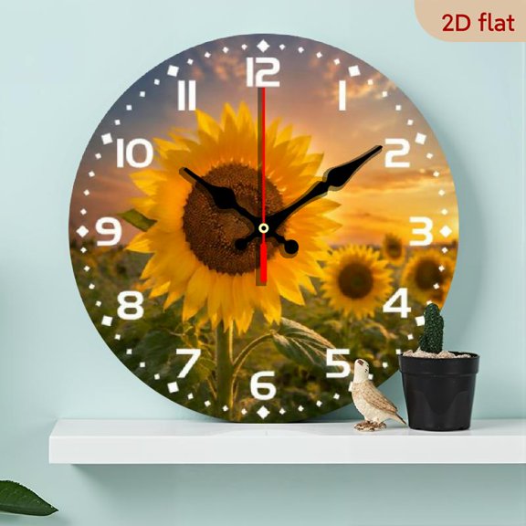 10 InchRound Clock, Sunflower Field Decorative Clock, Countryside Pastoral Style Wall-Mounted Clock, Silent Quartz Round Wooden Timepiece, Suitable for Bedroom Living Room Office Kitchen