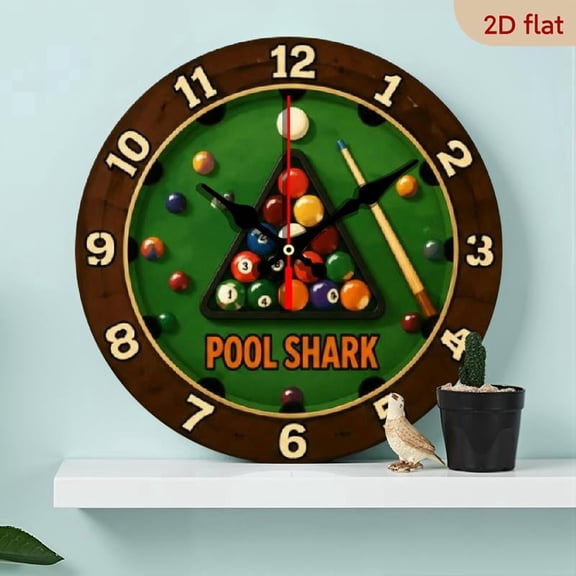 10 InchRound Pool Shark Wood Wall Clock, Silent Quartz Movement, Non-Illuminated, Battery Powered (AA Not Included), for Game Rooms And Billiard Enthusiasts