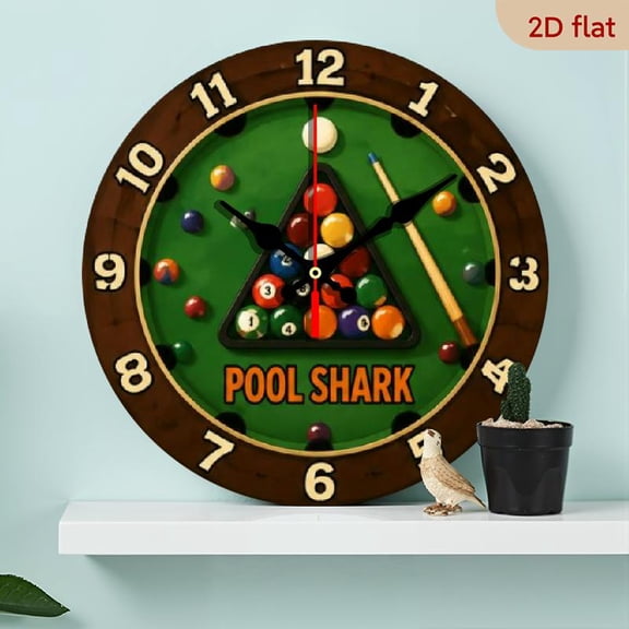 10 InchRound Pool Shark Wood Wall Clock, Silent Quartz Movement, Non-Illuminated, Battery Powered (AA Not Included), for Game Rooms And Billiard Enthusiasts