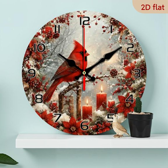 10 InchRound Wall Clock Featuring a Cardinal Bird Design, Made of Wood Veneer This Silent Clock Does Not Come with Batteries And Is Perfect for Decorating Your Living Room, Bedroom, Or Ou