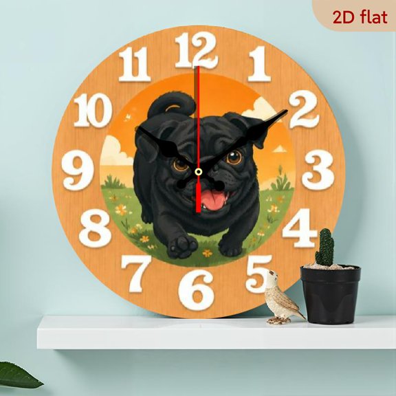 10 InchSilent Wall Clock - Black Pug Design, Non-Luminous with Orange Background and White Numbers, Perfect for Living Room, Bedroom, or Gift Decoration