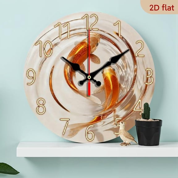 10 InchSilent Wood Wall Clock with Dual Koi Fish Design Modern Decor for Living Room Bedroom, Battery Operated (AA), Stylish Golden Accents, Perfect Gift for Christmas, Halloween, Birthda