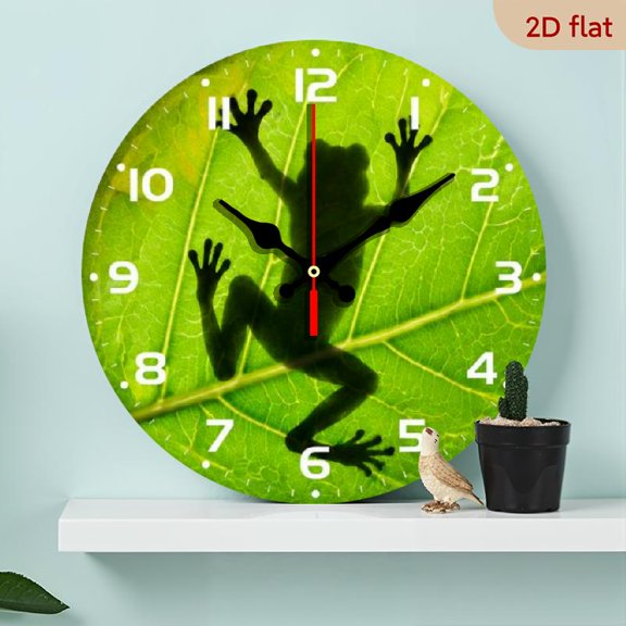 10 InchSilent Wooden Wall Clock with Modern Minimalist Frog Design - Round, Non-Ticking Decorative Timepiece for Bedroom, Living Room, Office Kitchen - Flat Crown, One AA Battery Required