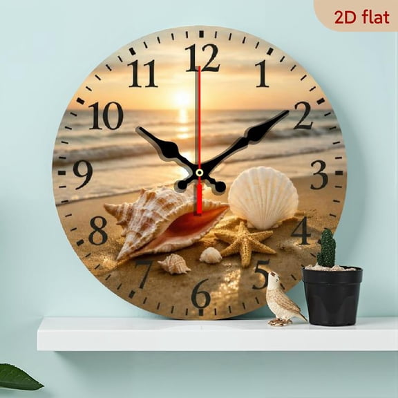 10 InchWooden Round Wall Clock - Silent Non-Ticking Beach Theme with Seashell Starfish Design, AA Battery Operated (Not Included) for Living Room, Bedroom, Coastal Home Decor, Bedroom Tim