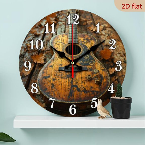 10 InchWooden Wall Clock Modern Fantasy Theme Rustic Guitar-Themed Clock Design for Living Room, Bedroom, Bathroom, Dining Room Christmas, Thanksgiving Decoration, Ideal Birthday Gift Rou