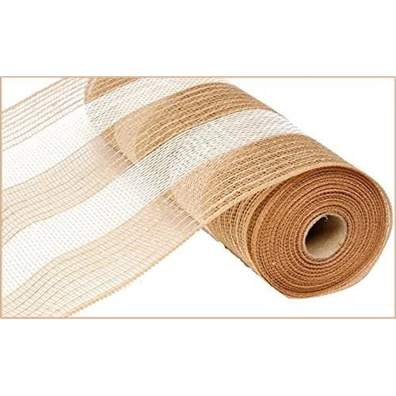 10 Inch x 30 Feet Deco Poly Jute Mesh Ribbon Natural Brown White Cotton Stripe : RY800348