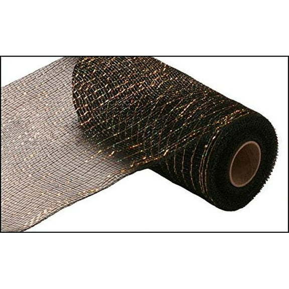 10 Inch x 30 Feet Deco Poly Metallic Mesh Ribbon (Black with Laser Gold Foil) : RE130175