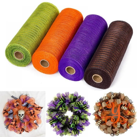 10 Inch x 30 feet Deco Mesh Ribbon for Wreaths All Colors Metallic Foil Green/Orange/Purple/Brown Rolls Wreath Making Supplies for Crafting (4 Pack)