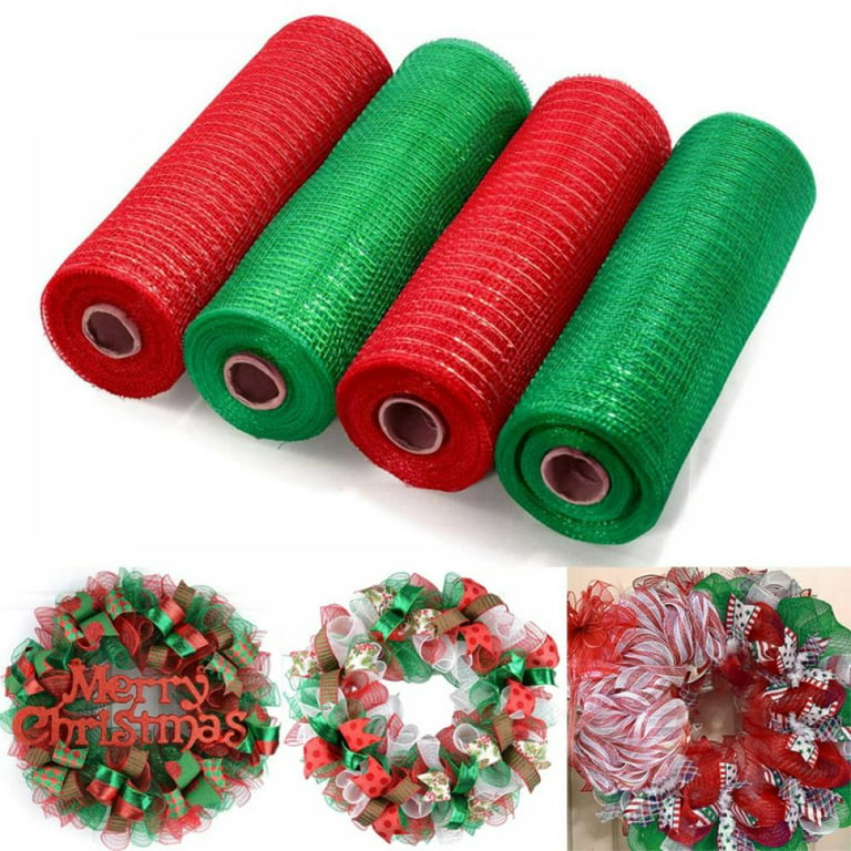 LaRibbons Deco Mesh Ribbon - 6 inch x 30 feet Each Roll - Metallic Foil Red  and Green Rolls for Wreaths, Swags and Decorating - 4 Pack