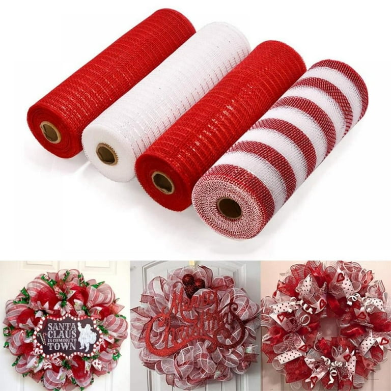 10 Inch x 30 feet Deco Mesh Ribbon for Wreaths All Colors Metallic Foil Red  White Rolls Wreath Making Supplies for Crafting 4 Pack 
