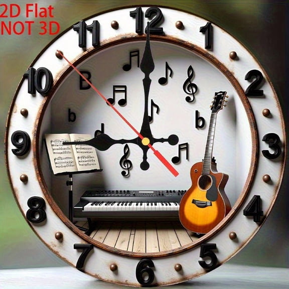 10 Inches 2D Flat Retro Print Musical Theme Wall Clock, Guitar & Piano Art, Wooden Quartz Clock, Room Home Decoration, NonGlowing Design