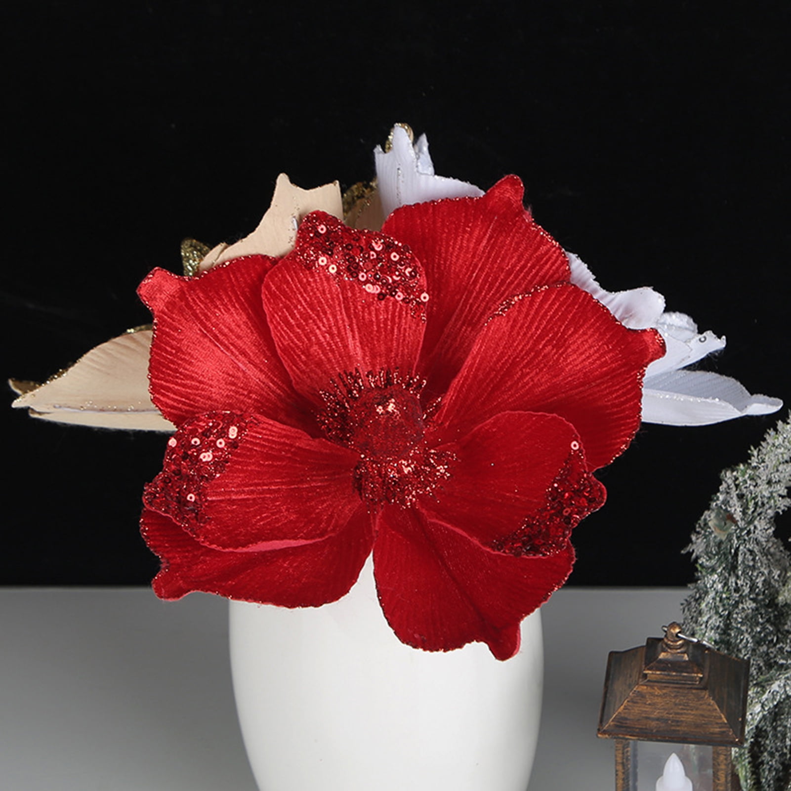 10 Inches Large Christmas Artificial Poinsettia Flower Christmas Tree Glitter Faux Flowers