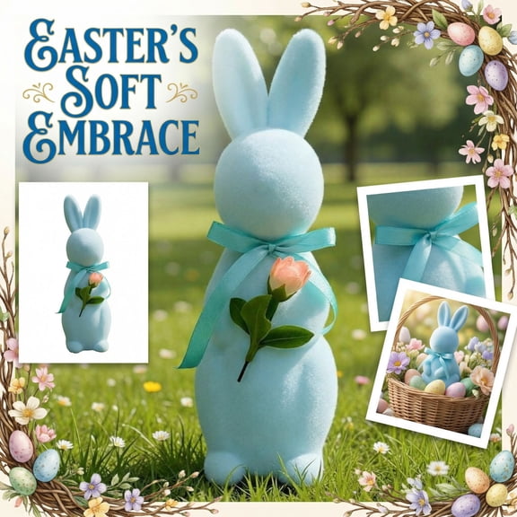 10 Inches Light Blue Flocked Rabbit Figurine, Adorable Fuzzy Bunny Decoration With Ribbon & Flower, Spring Easter Themed Ornament For Home Tabletop, Mantel, Lawn Decor, Perfect