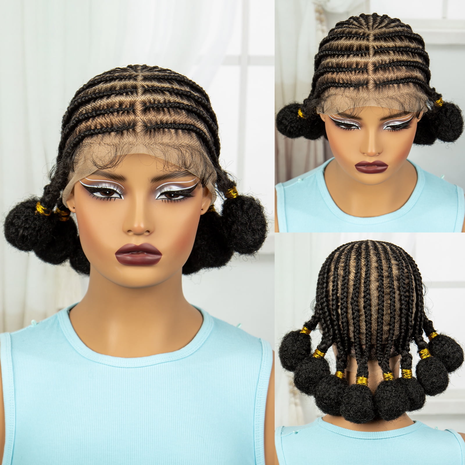 10 Inches Short Bantu Synthetic Full Lace African Cornrow Braided Wigs with Baby Hair for Women Knotless Braiding Wig