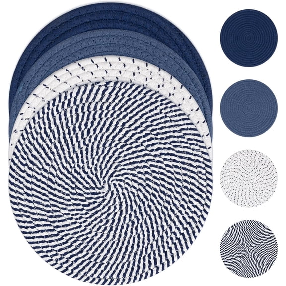 10 Inches Trivets for Hot Dishes, 4 Pieces Cotton Trivets Mats for Kitchen, Hot Pads for Countertops and Table, Heat-Resistant Pot Holders for Hot Pots and Pans(Blue, 4pcs)