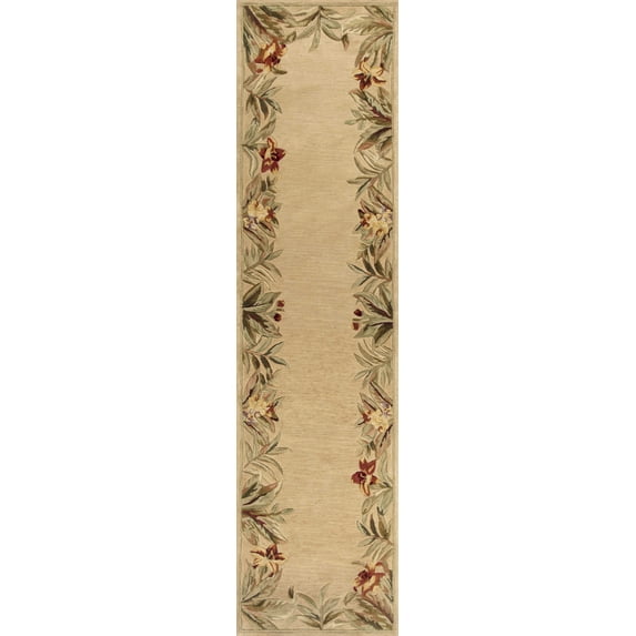 10' Ivory Hand Tufted Bordered Tropical Plants Indoor Runner Rug