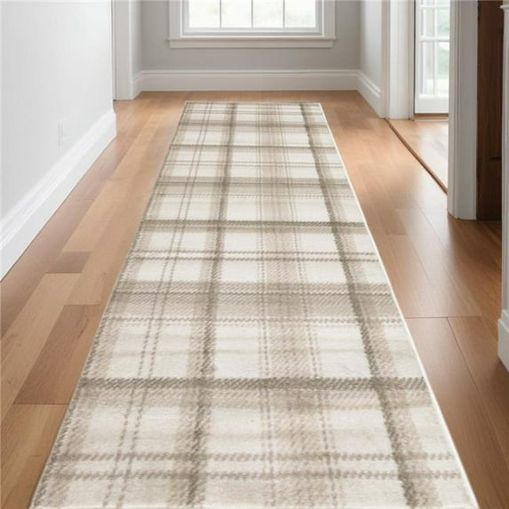 HomeRoots 569830 10 ft. Plaid Power Loom Runner Rug, Ivory