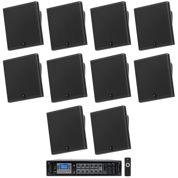 10 JBL SLP14/T-BK Sleek Low-Profile On Wall Mount 4" 70v Commercial Speakers+Amp