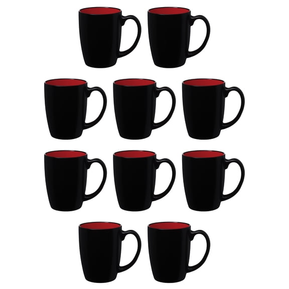 10 Java Two Tone Coffee Mugs Set, 12 oz. - Stoneware, Durable, Easy Grip - BLACKRED