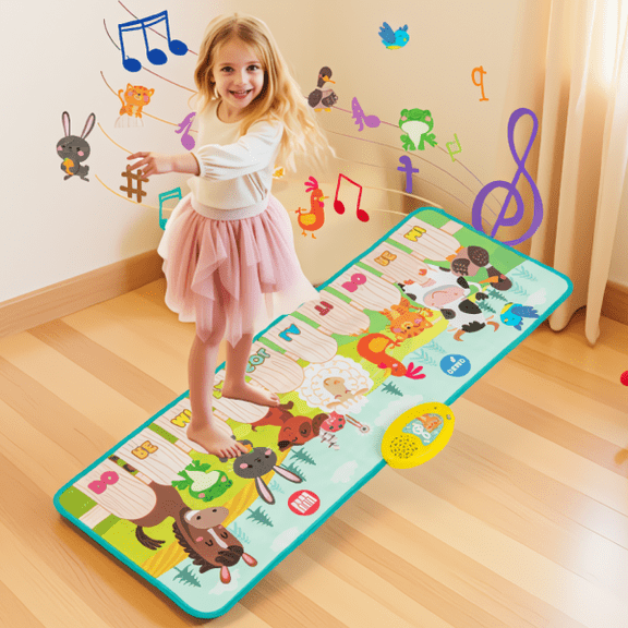 10-Key Piano Play Mat with Animal Sounds, Foldable Music Floor Pad for Ages 3 and Up