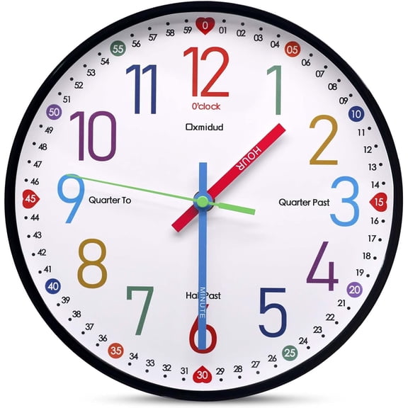10" Kids Learning Teaching Wall Clock, Silent Non-Ticking Colorful Time Telling Clock, Black Decor Gift for Bedroom Classroom