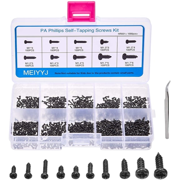 10 Kinds Small Multi-Purpose M1 M1.2 M1.4 M1.7 Phillips Head Micro Screws Self-Tapping Electronic Screws Assortment Kit Pack of 1000