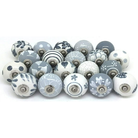 10 Knobs Grey & White Cream Rare Hand Painted Ceramic Knobs Cabinet Drawer Pull Pulls Grey and white Ceramic cabinet knobs with fitting hardware
