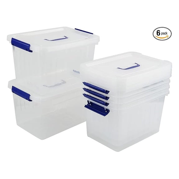 10 L Clear Plastic Storage Box, Storage Box with Handle, 6-Pack
