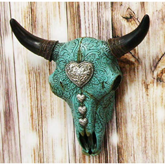 10"L Southwest Steer Bison Bull Cow Skull Turquoise With Scroll Heart Wall Decor