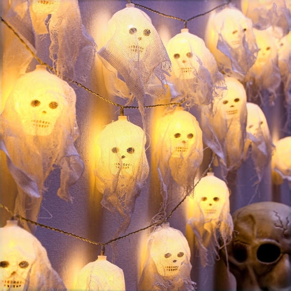10-LED Skeleton String Lights with 8 Lighting Modes, Battery Operated Warm White Transparent Skull Lights, Creepy Spooky Decor for Halloween Tree, House Party, Home Mantel Shelf, White